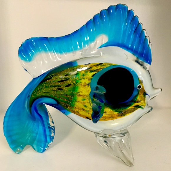 Hand Blown Art Glass Blue Green Yellow Saltwater Fish Paperweight Murano Style - Picture 3 of 11